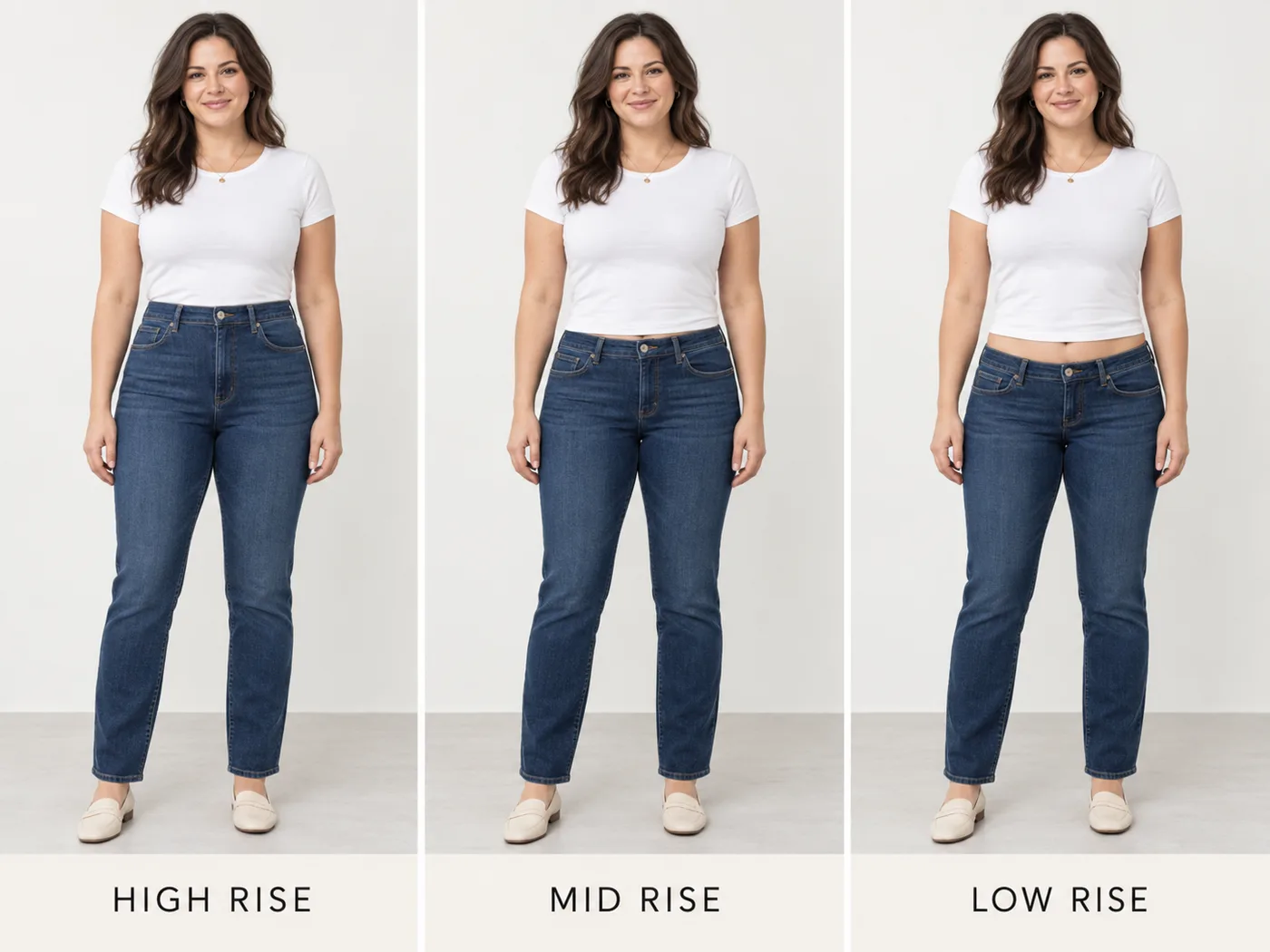High, mid and low-rise jeans shown on the same body for comparison.