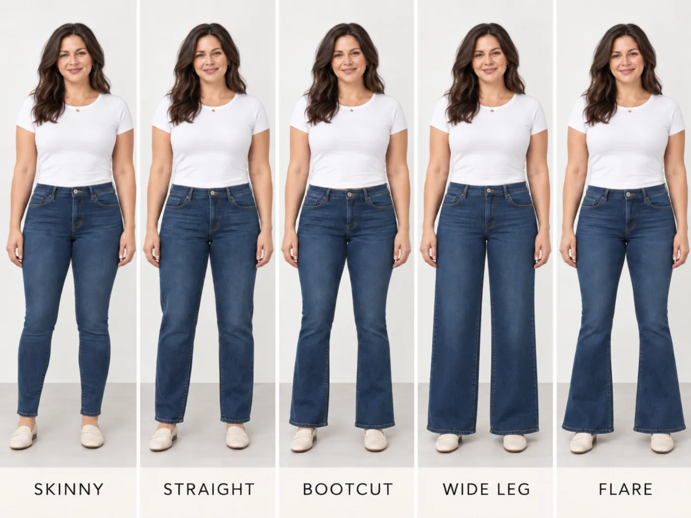 Skinny, straight, bootcut, wide-leg and flare jeans shown on the same body for comparison.