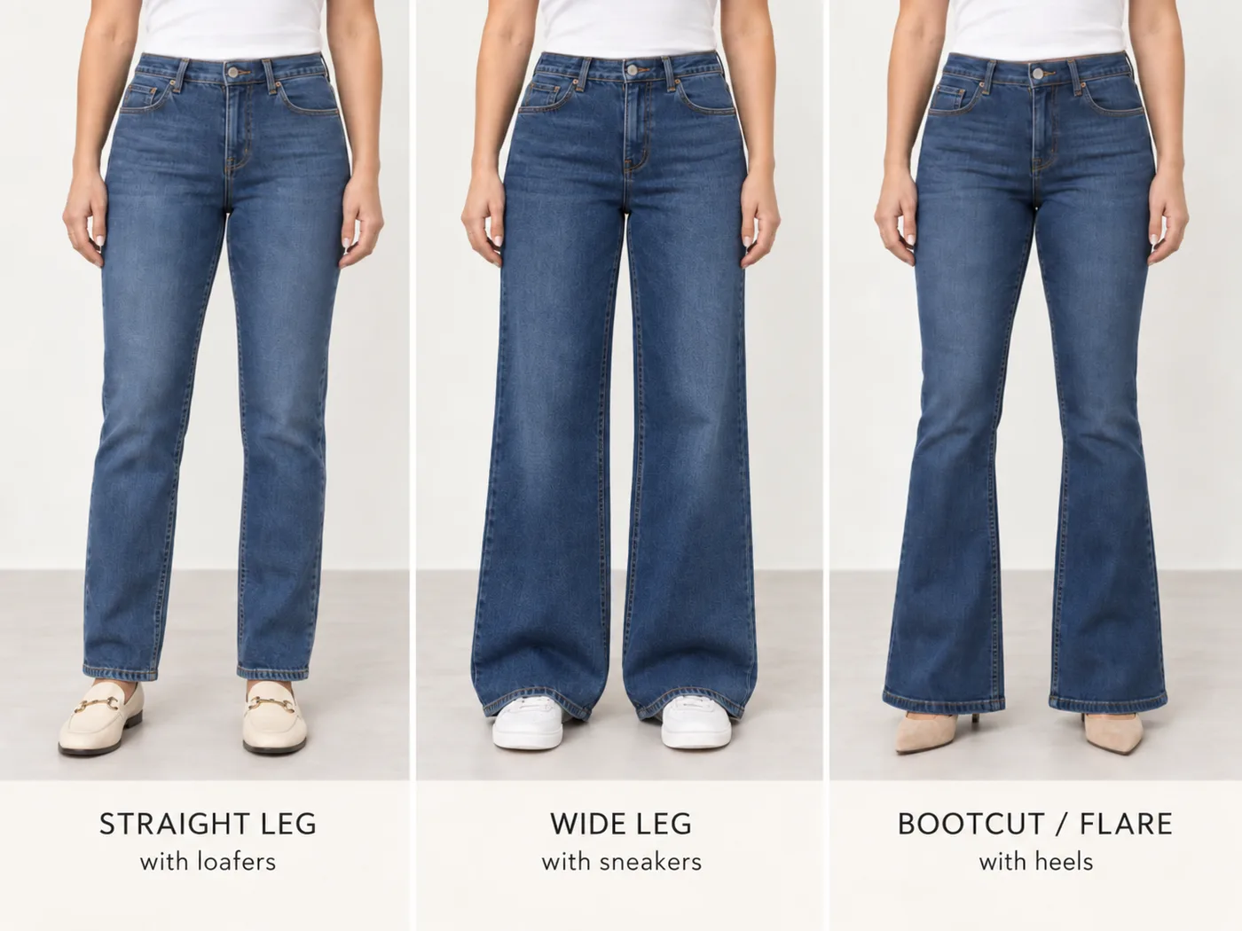 Correct jean hem lengths for straight-leg jeans with loafers, wide-leg jeans with sneakers and bootcut or flare jeans with heels.