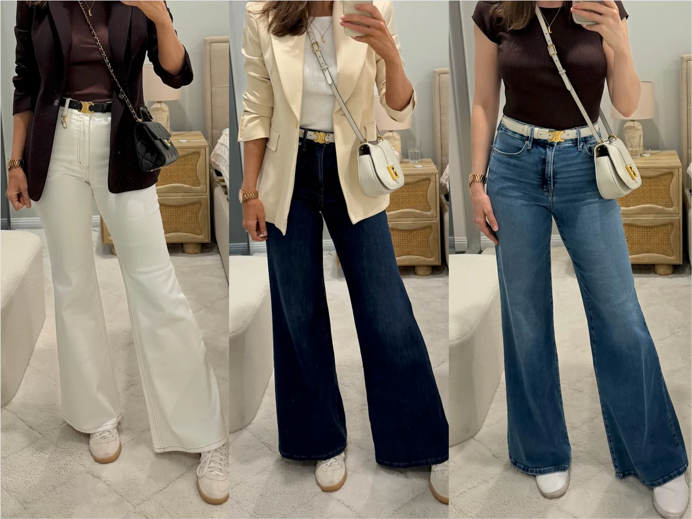 The same wide-leg jean silhouette shown in three washes: ecru, dark indigo and mid-blue